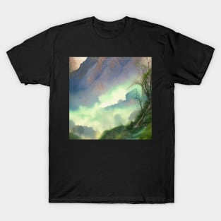 Digital Painting of a Beautiful Nature With High Mountains With Fog T-Shirt